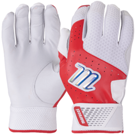 Marucci Crest Batting Gloves in red and white featuring durable palm and breathable mesh for superior grip and fit.