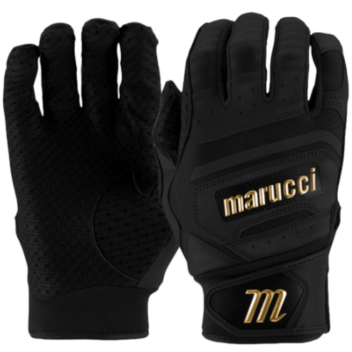 Marucci Adult Pittards Reserve Batting Gloves in black with sheepskin palm and silicone back for comfort and grip.