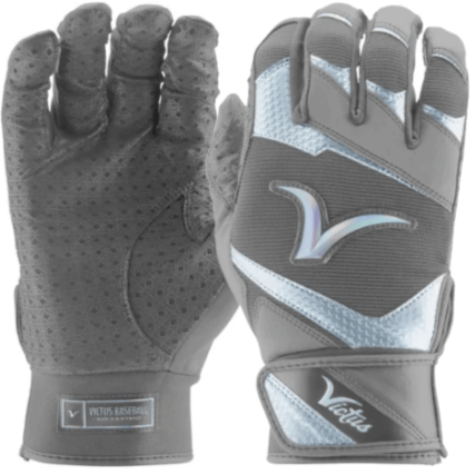 Victus Showtime adult gray batting gloves featuring Cabretta sheepskin palm for grip and durability.