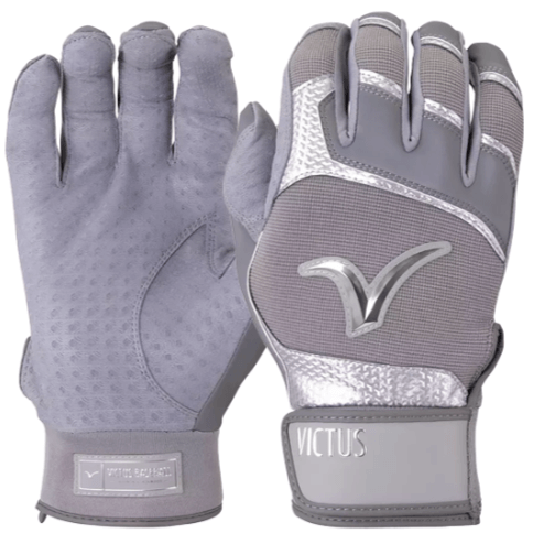 Victus Debut 2.0 batting gloves in gray with Pittards sheepskin palm for enhanced grip and lightweight Carbonium Synthetic.