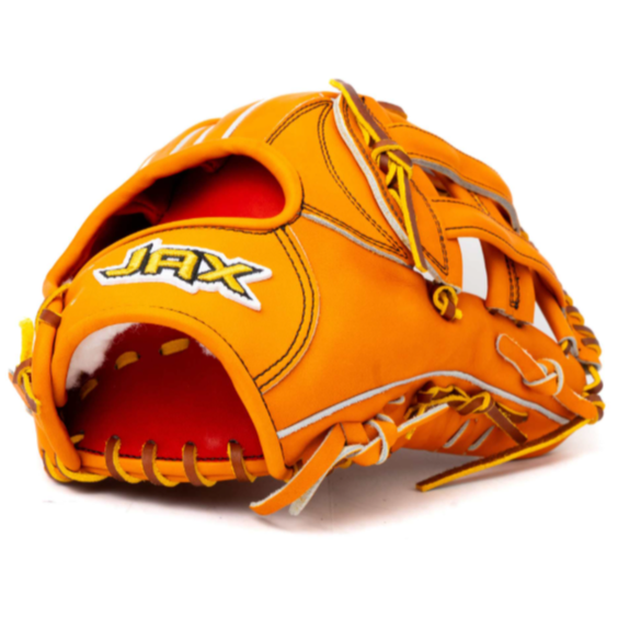 Orange baseball glove with 'JAX' branding on a white background
