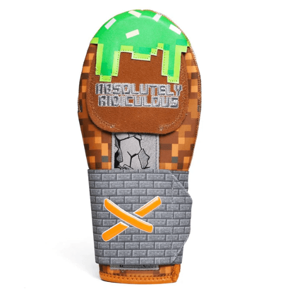 Absolutely Ridiculous Sandbox Sliding Mitt Standard, top view, pixelated green drip pattern with protective plates.