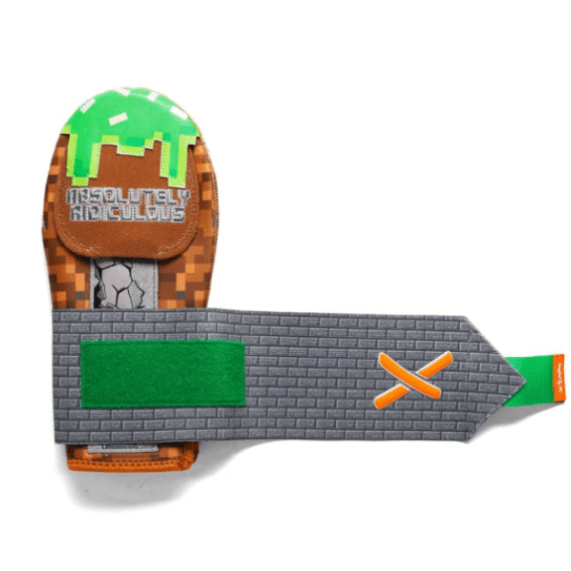 Top view of Absolutely Ridiculous Sandbox Sliding Mitt Standard with pixelated design and visible protective plate.