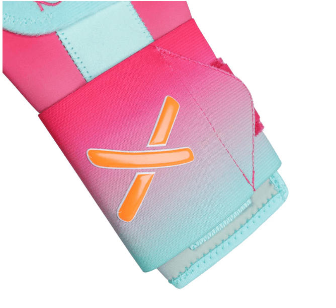 Side view of Absolutely Ridiculous Miami Ice Remix Sliding Mitt Standard showing logo and colorful wrist strap design.
