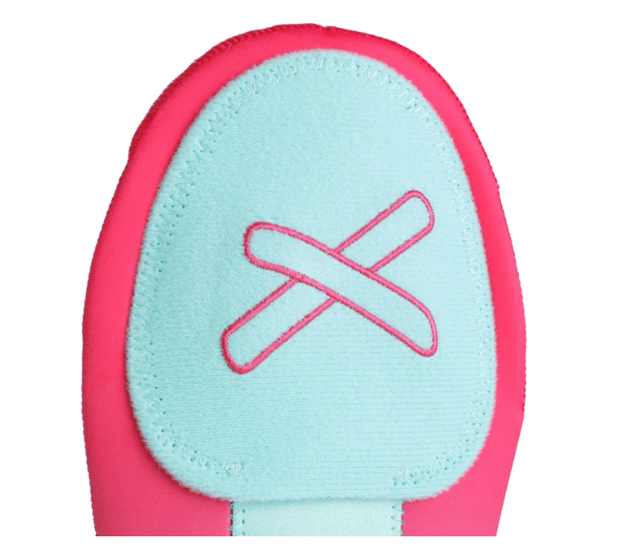 Top view of Absolutely Ridiculous Miami Ice Remix Sliding Mitt Standard in red and aqua with protective padding detail.