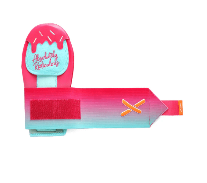 Top view of Absolutely Ridiculous Miami Ice Remix Sliding Mitt Standard, showcasing pink protective plate and blue wrist strap.