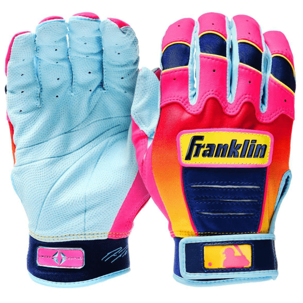Franklin Jose Ramirez Limited Edition CFX Pro Youth batting gloves palm and backhand view in citrus dawn colors.