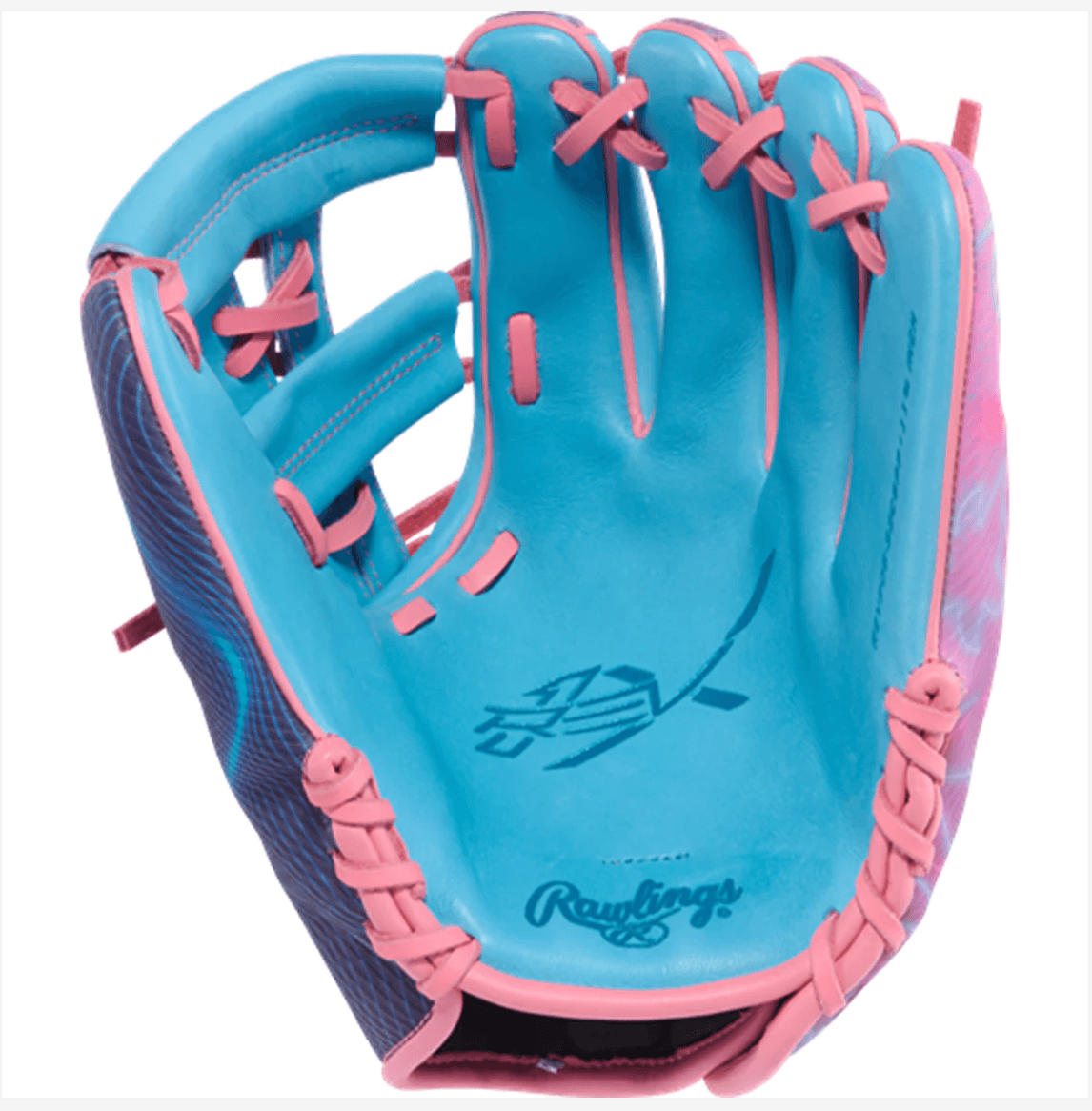 Rawlings REV1X Series REV205-32CBPP 11.75" Baseball Glove RHT palm view, turquoise leather, pink lacing, I-web style