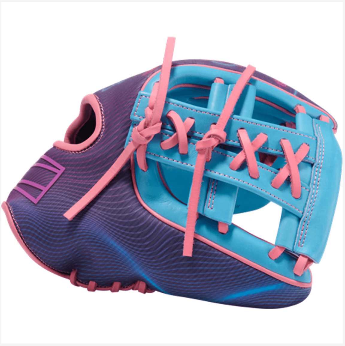 Rawlings REV1X Series REV205-32CBPP 11.75" Baseball Glove RHT, side view, vibrant pink/purple/turquoise, H-web, pink lacing.