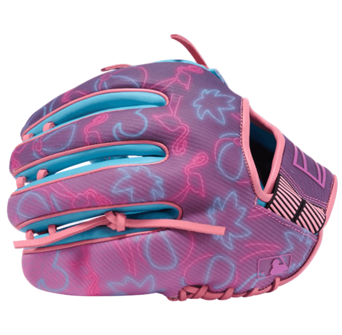 Rawlings REV1X Series REV205-32CBPP 11.75" Baseball Glove RHT, backhand view, vibrant pink, purple, turquoise, MLB logo.