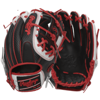 Rawlings Heart of the Hide Hyper Shell 11.5-inch baseball glove in black and white with red accents.