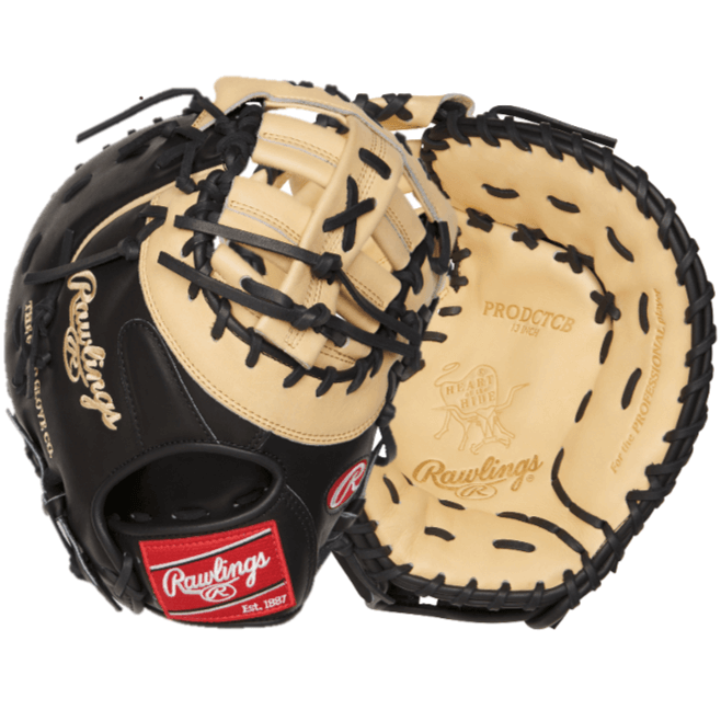 Rawlings Heart of the Hide 13" Left-Handed First Base Mitt in black and camel color.