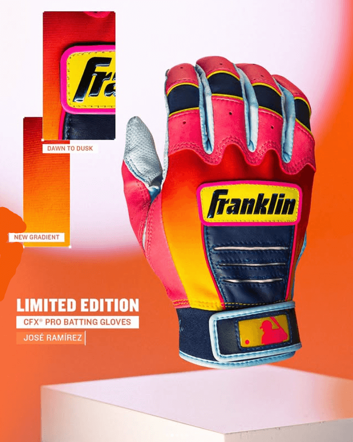 Franklin Jose Ramirez Limited Edition CFX Pro Youth batting glove, backhand view, citrus dawn gradient color with Franklin logo.