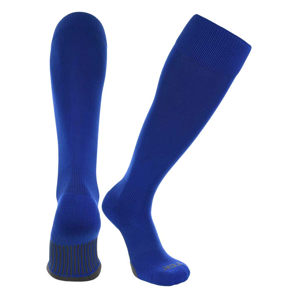 TCK Elite Dugout Solid Sock in blue featuring moisture-wicking technology and arch compression for athletes.