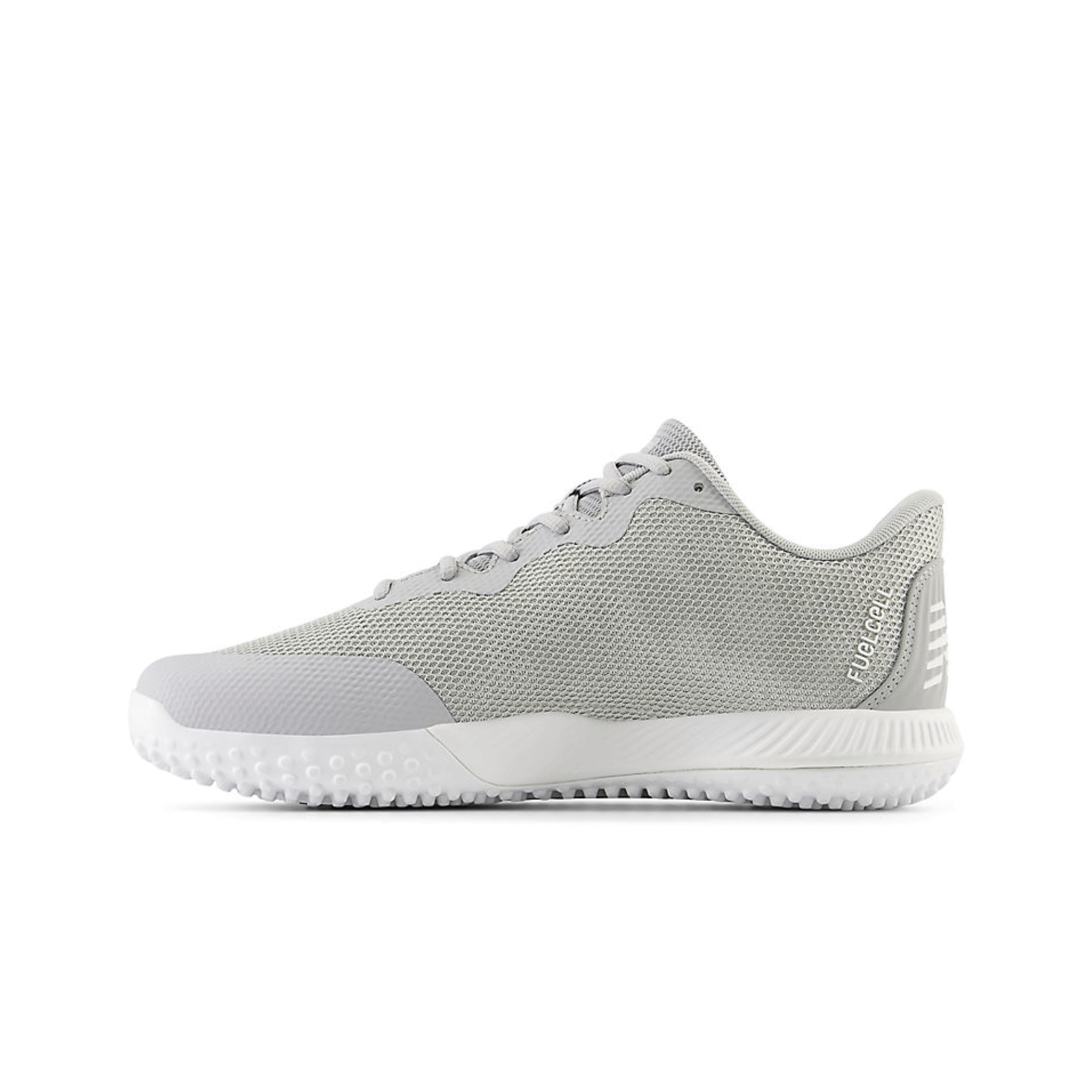 New Balance FuelCell 4040v7 Turf Trainer in grey, designed for elite ballplayers with versatile performance on turf and gym surfaces.