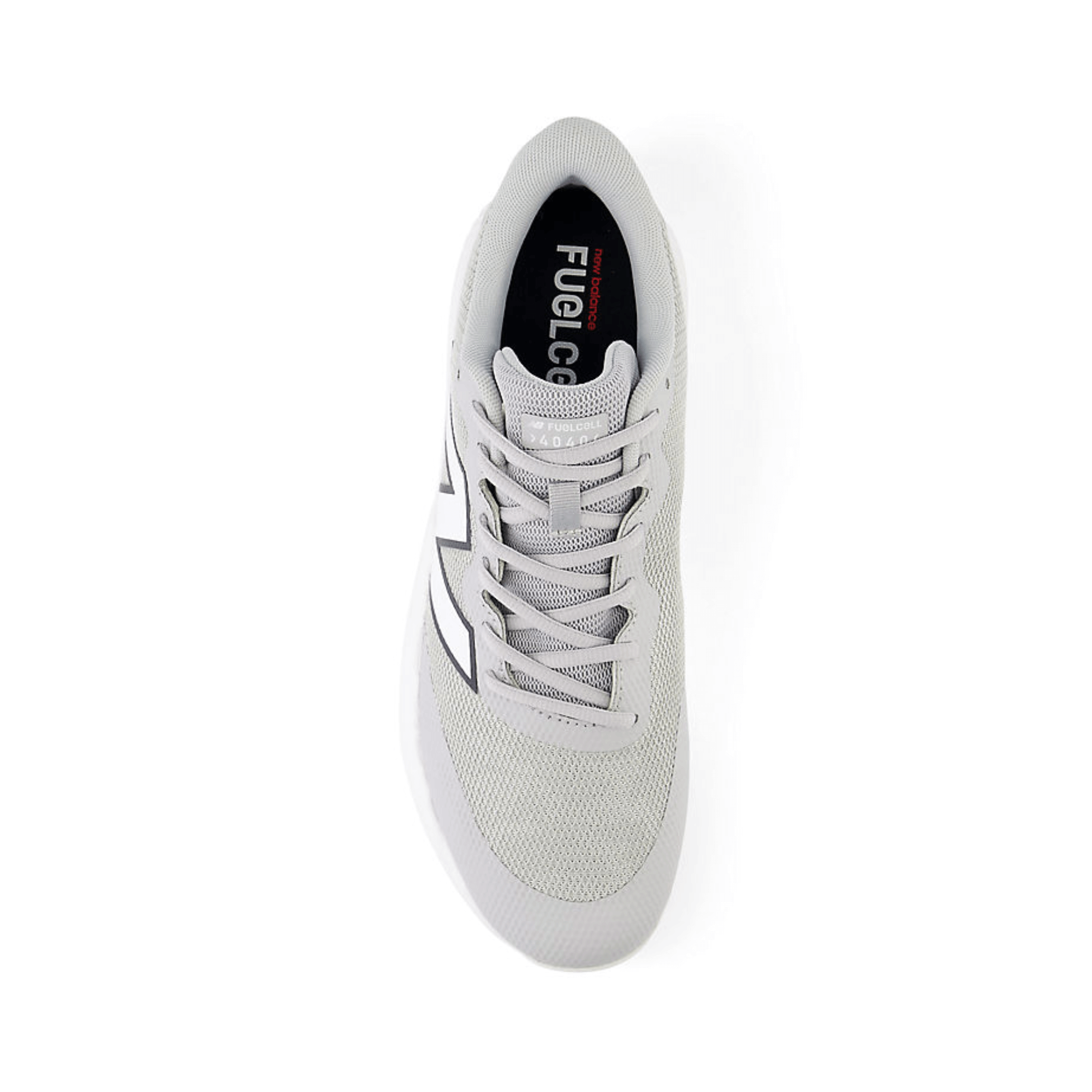 New Balance FuelCell 4040v7 Turf Trainer upper view in grey with white accents and lightweight design for ballplayers.