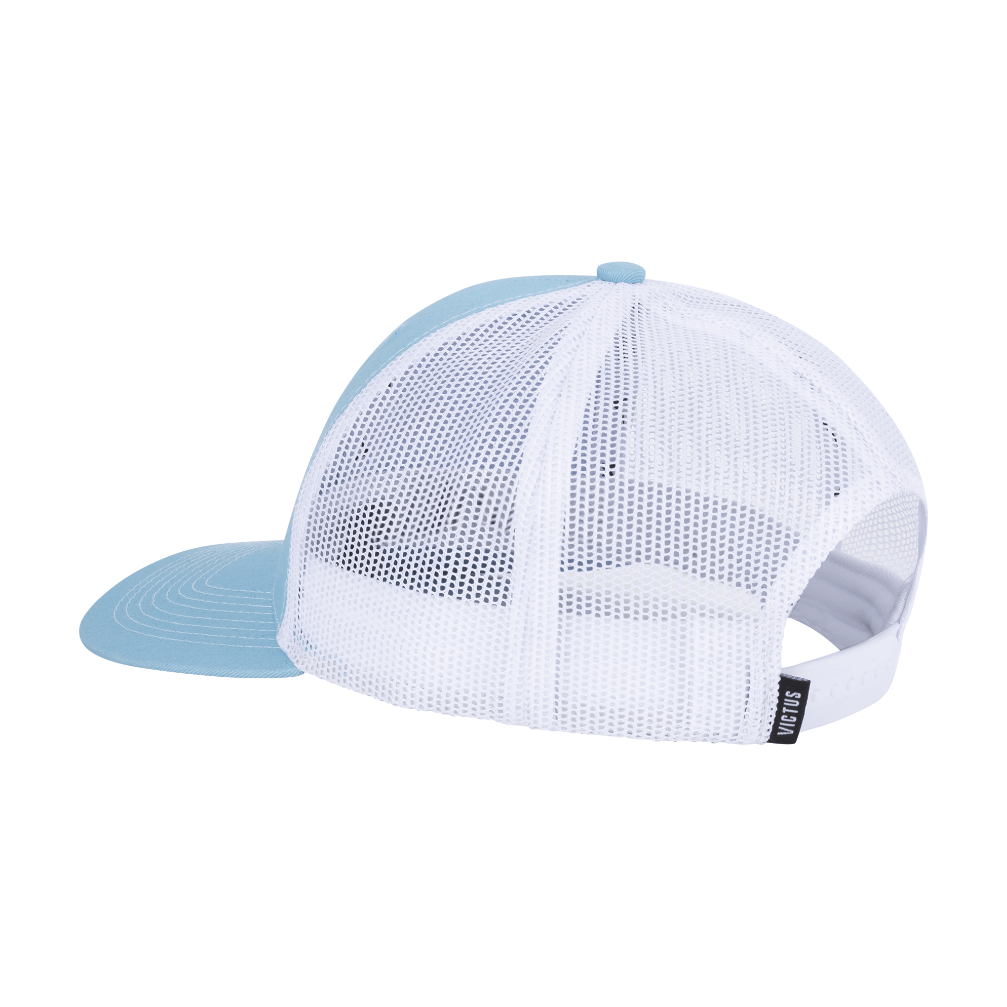Light blue and white trucker snapback with structured crown and cotton twill front panels.