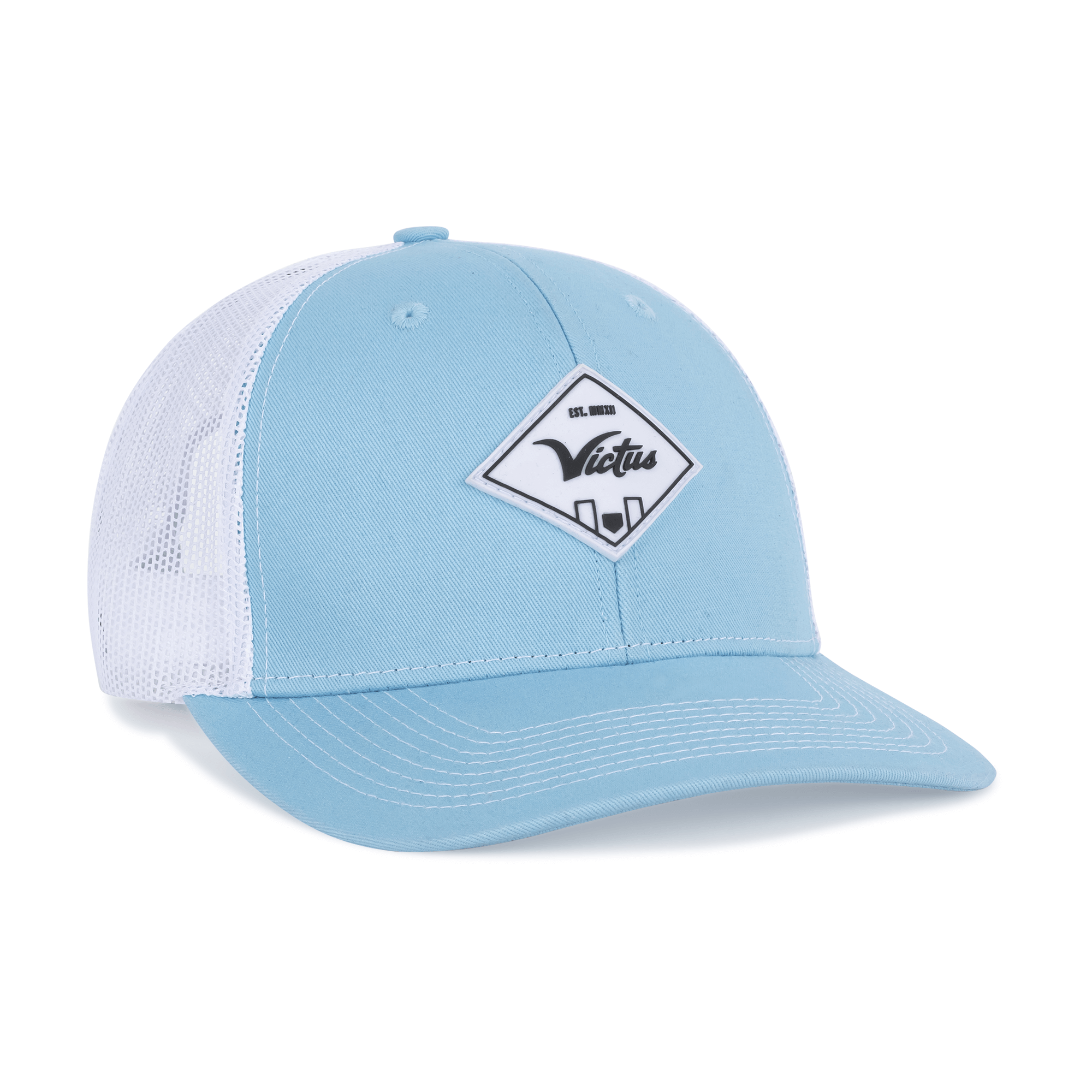 Light blue and white trucker snapback with structured crown and cotton twill front panels.