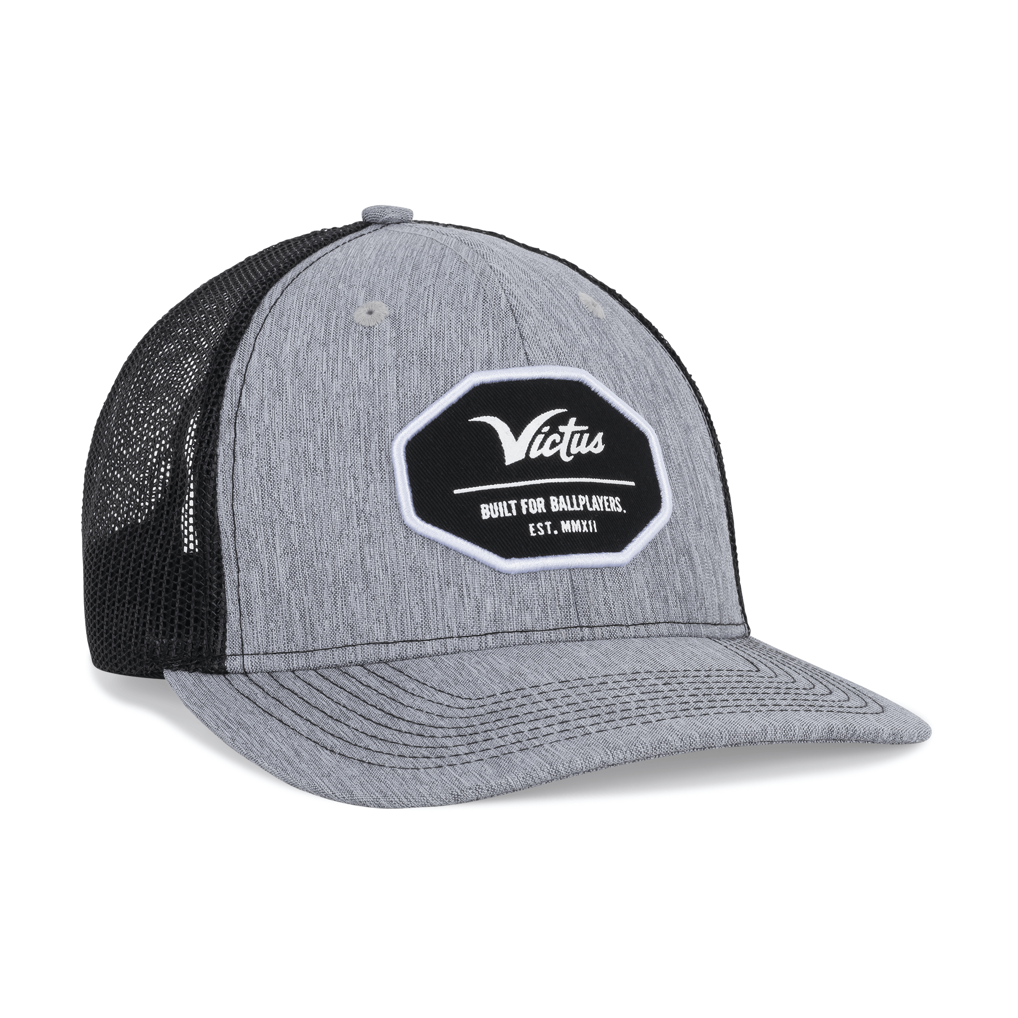 Gray Vicus snapback trucker hat with structured crown and mesh back, featuring a fabric patch logo. One size fits most.