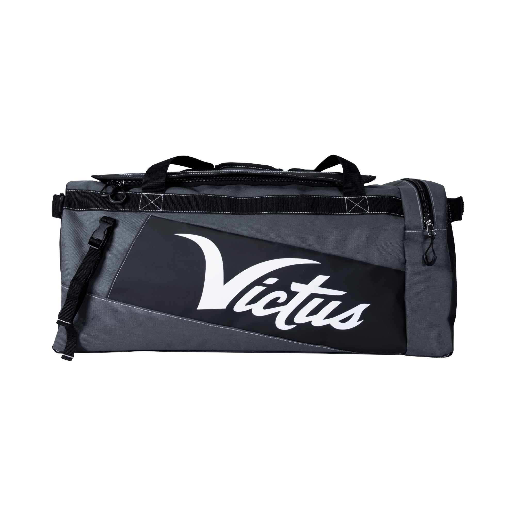 Gray/Black Victus DNA Duffel Bag with external bat sleeves for two bats.