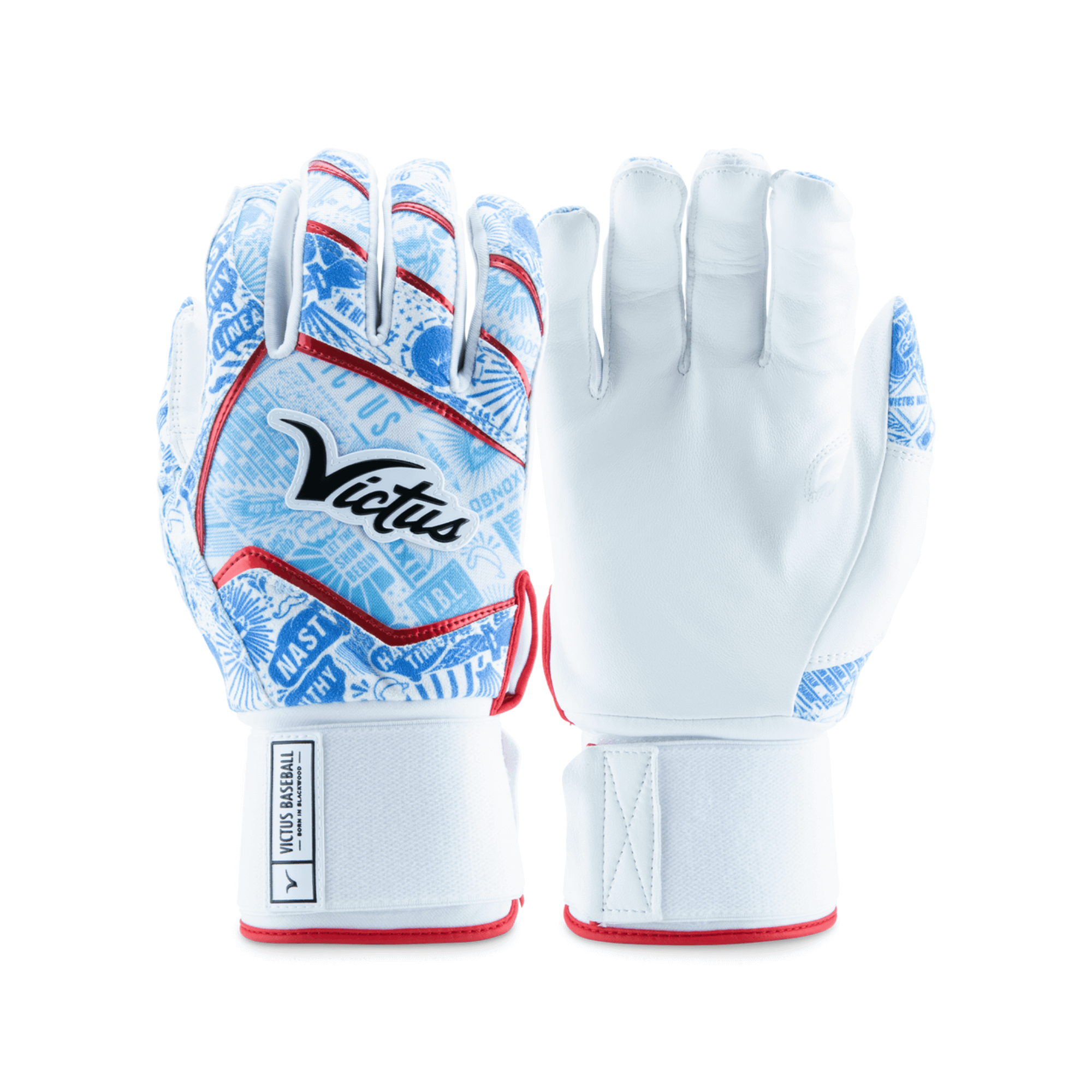 Victus Nox Full Wrap batting gloves in red, royal, and Columbia, featuring luxurious sheepskin palm and unique design.