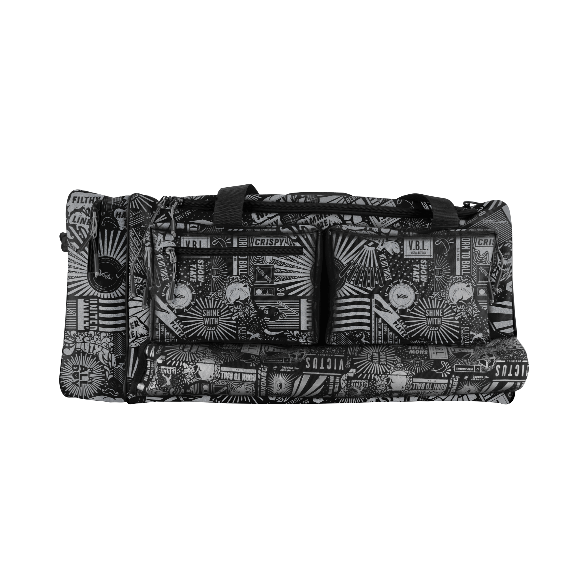 Victus Nox Duffel Bag Nox with black and white graphic design, featuring dual zipper pockets and external bat holder sleeves.