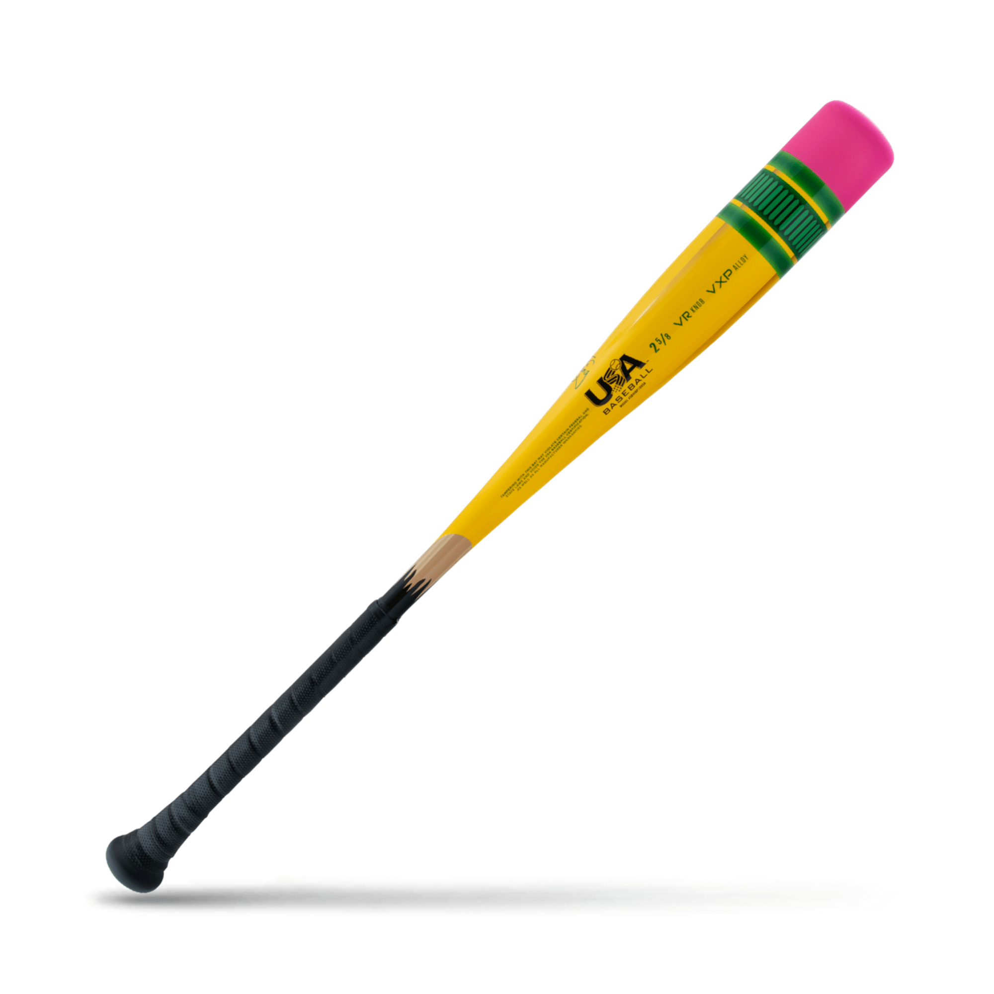 Victus Vibe Pencil USA design, a vibrant yellow baseball bat with pink and green accents, showcasing its one-piece aluminum build.