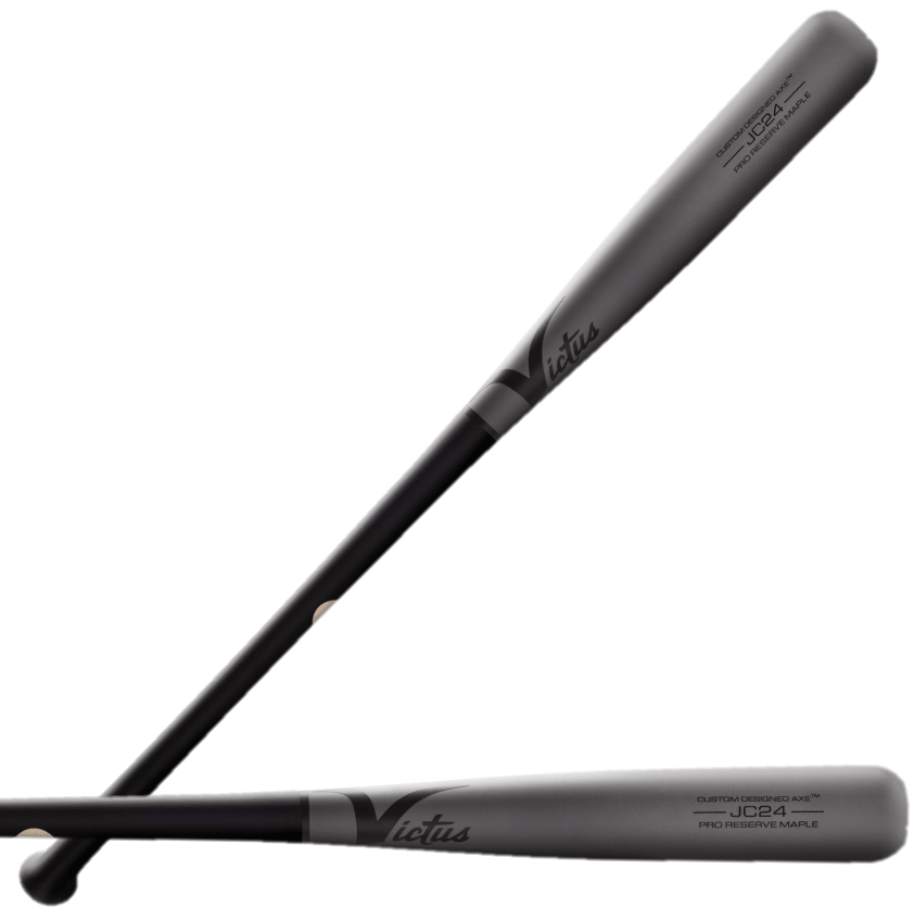 Victus Axe JC24 bat in flat black and flat nardo maple, featuring a balanced design and big league-grade ink dot certification.