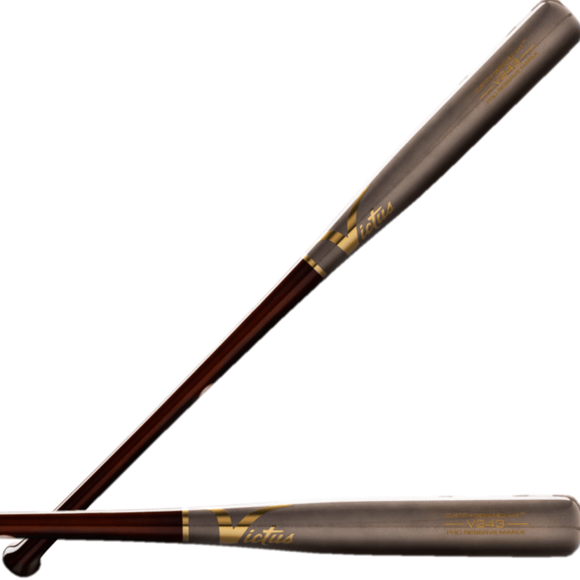 Victus Axe V243 baseball bat in gloss brown and gloss gray, featuring a large barrel and thin handle for power hitters.