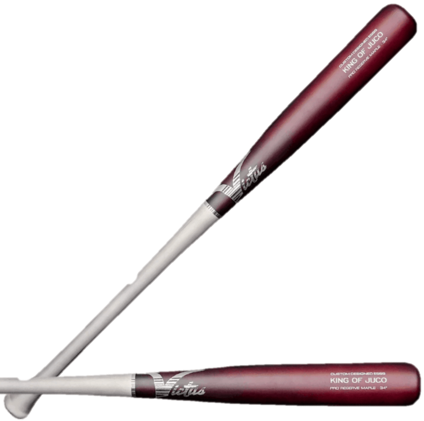 Victus King of Juco ES69 maple wood bat, end-loaded design for powerful hits, featuring a flared handle and large barrel.