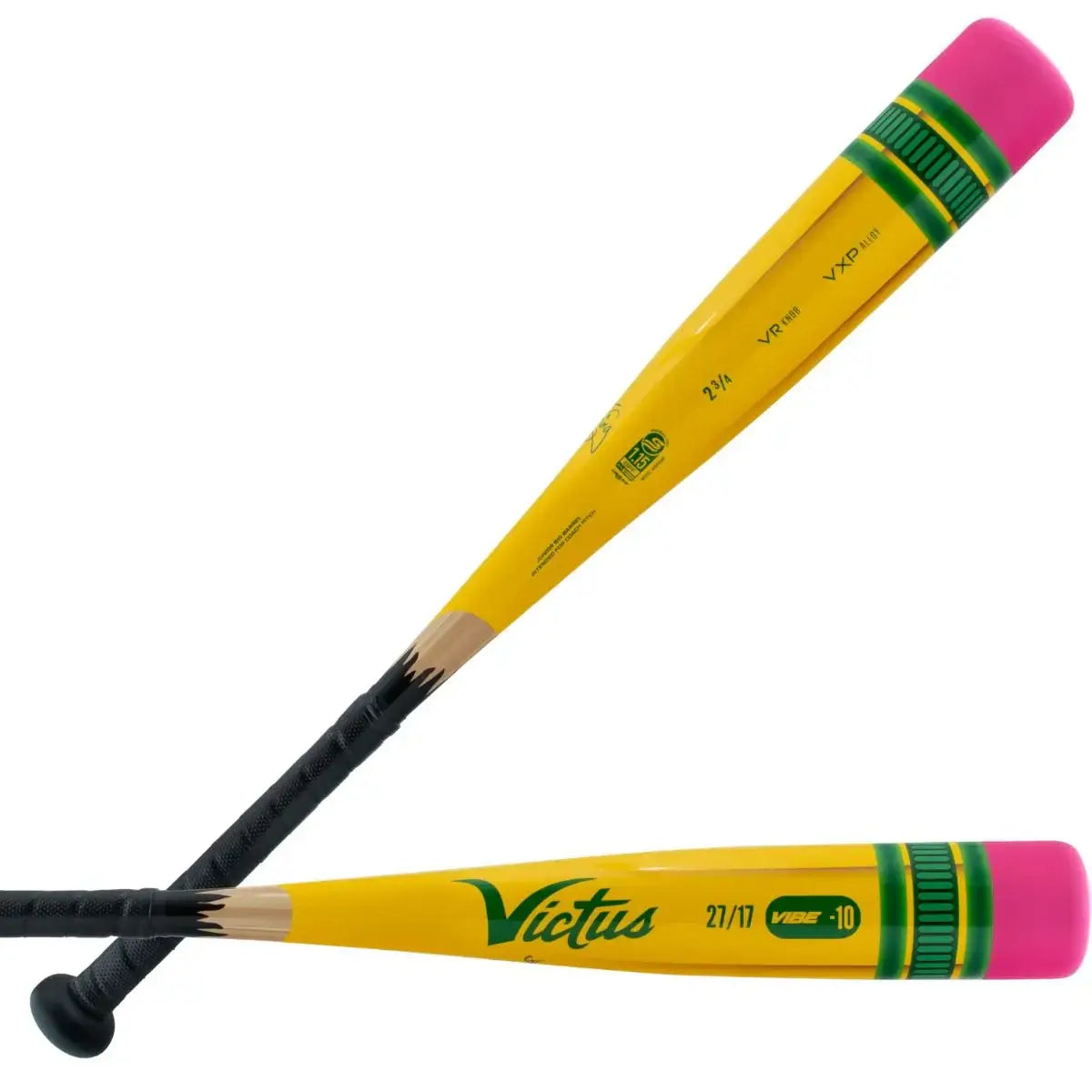 Victus Vibe Pencil Junior Big Barrel baseball bat in vibrant yellow and pink, featuring a one-piece aluminum design for performance.