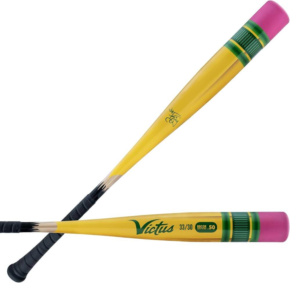 Victus Vibe Pencil BBCOR with vibrant yellow and pink design, showcasing its one-piece aluminum structure and ergonomic grip.