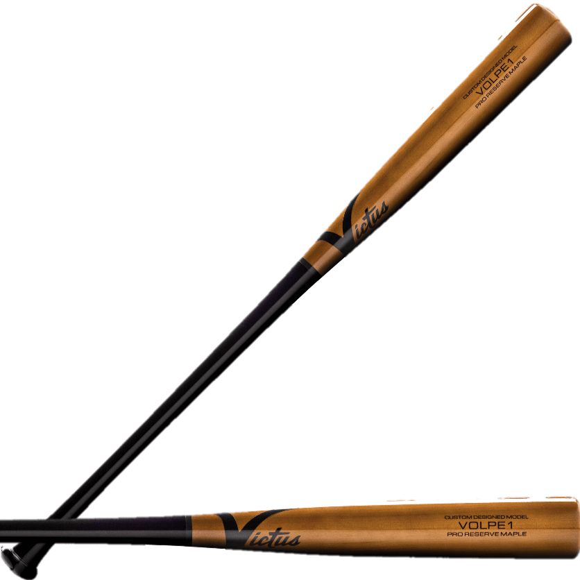 Victus VOLPE1 Pro Reserve baseball bat in gloss black and gloss walnut, designed for speed, power, and control.