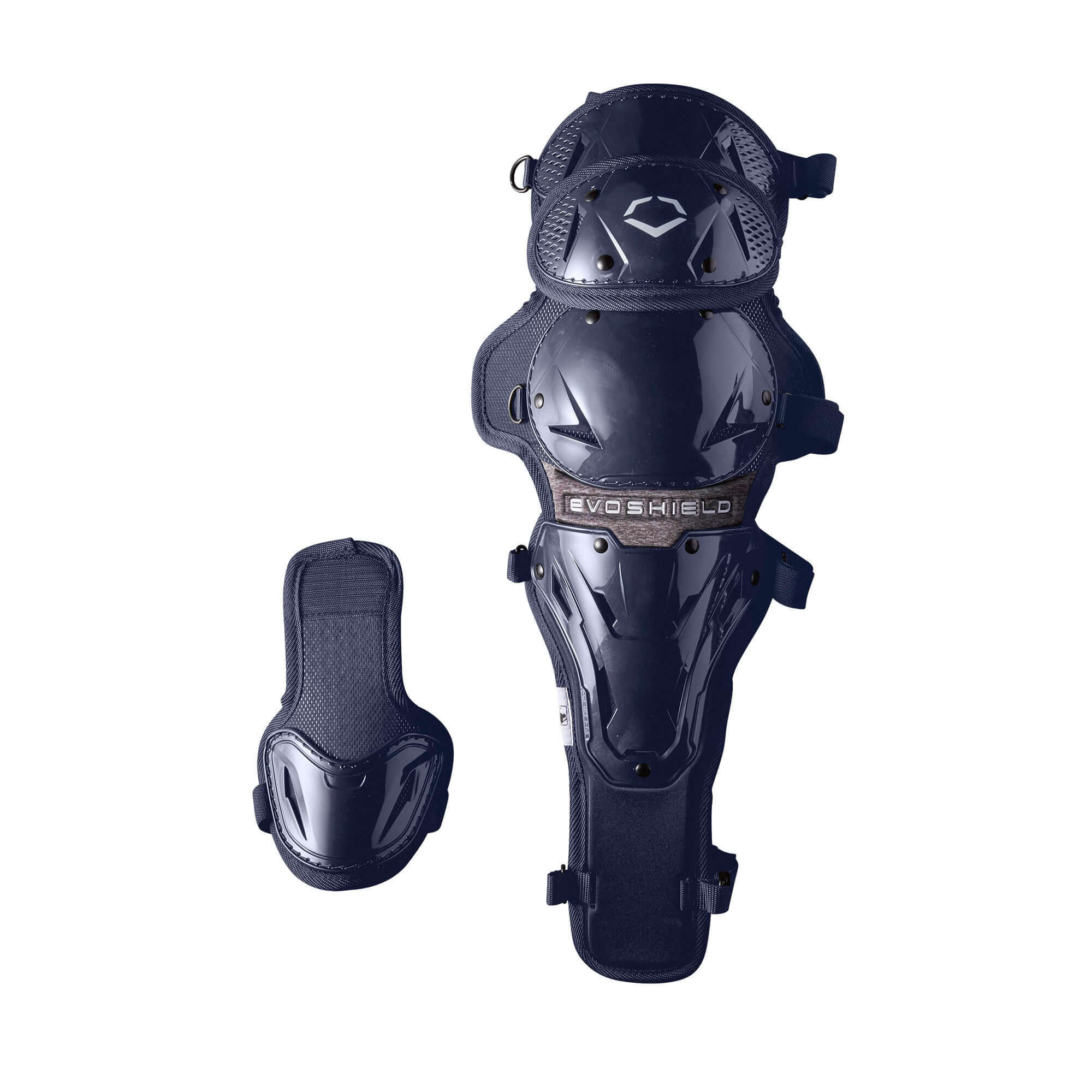 Evoshield Pro-SRZ Adult Upper Leg Guard in navy, featuring protective two-piece system and reinforced knee support.
