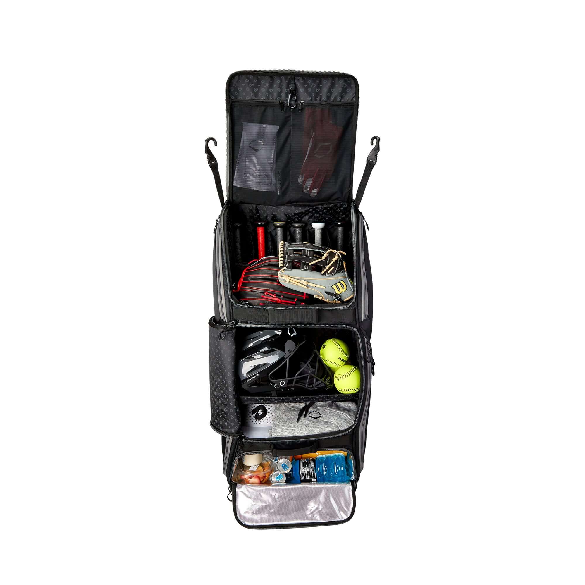 Demarini Spectre Wheeled Bag in black with six padded bat sleeves