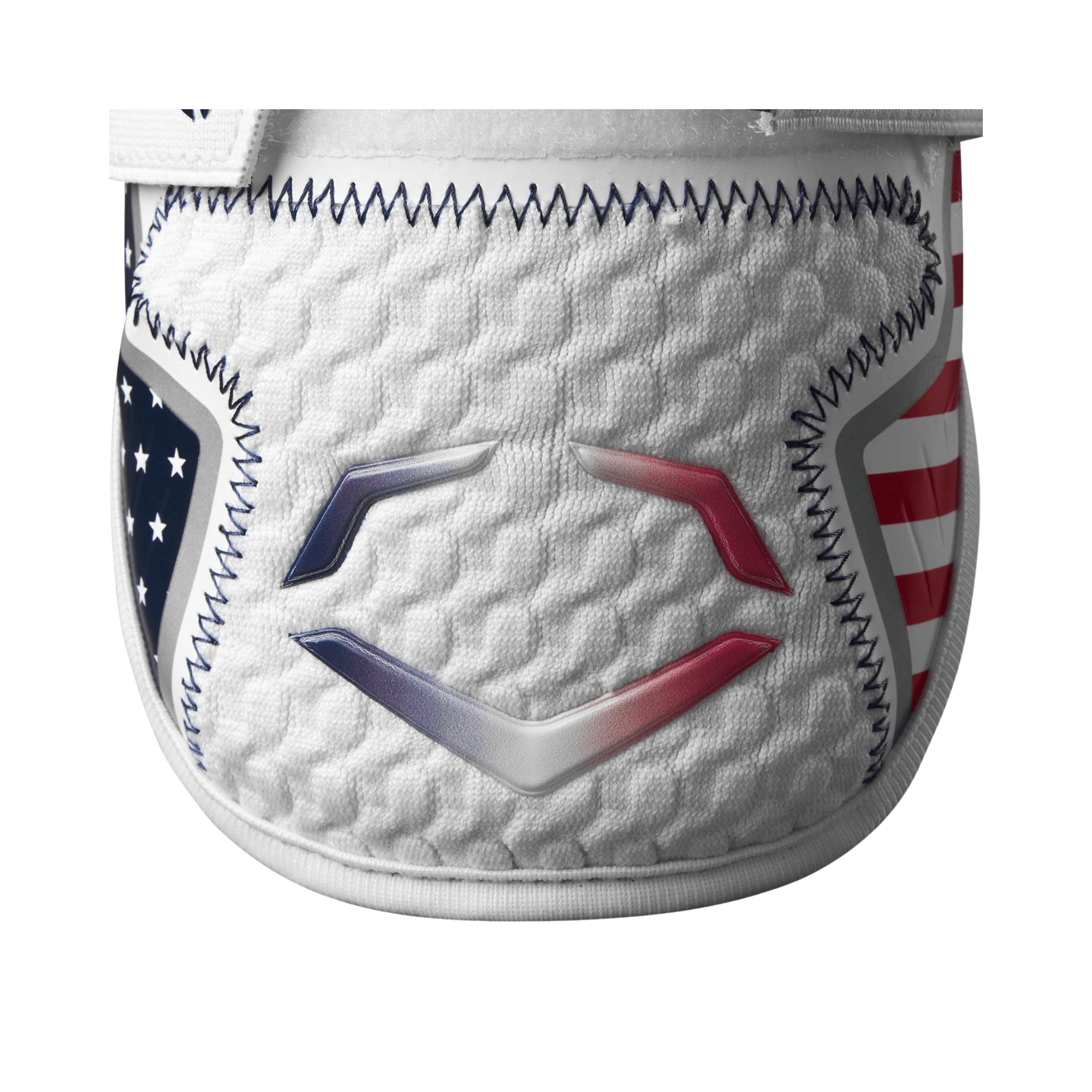 Close-up of Evoshield X-SRZ 2.0 Stars and Stripes Elbow Guard showcasing patriotic design and Gel-to-Shell® Technology.
