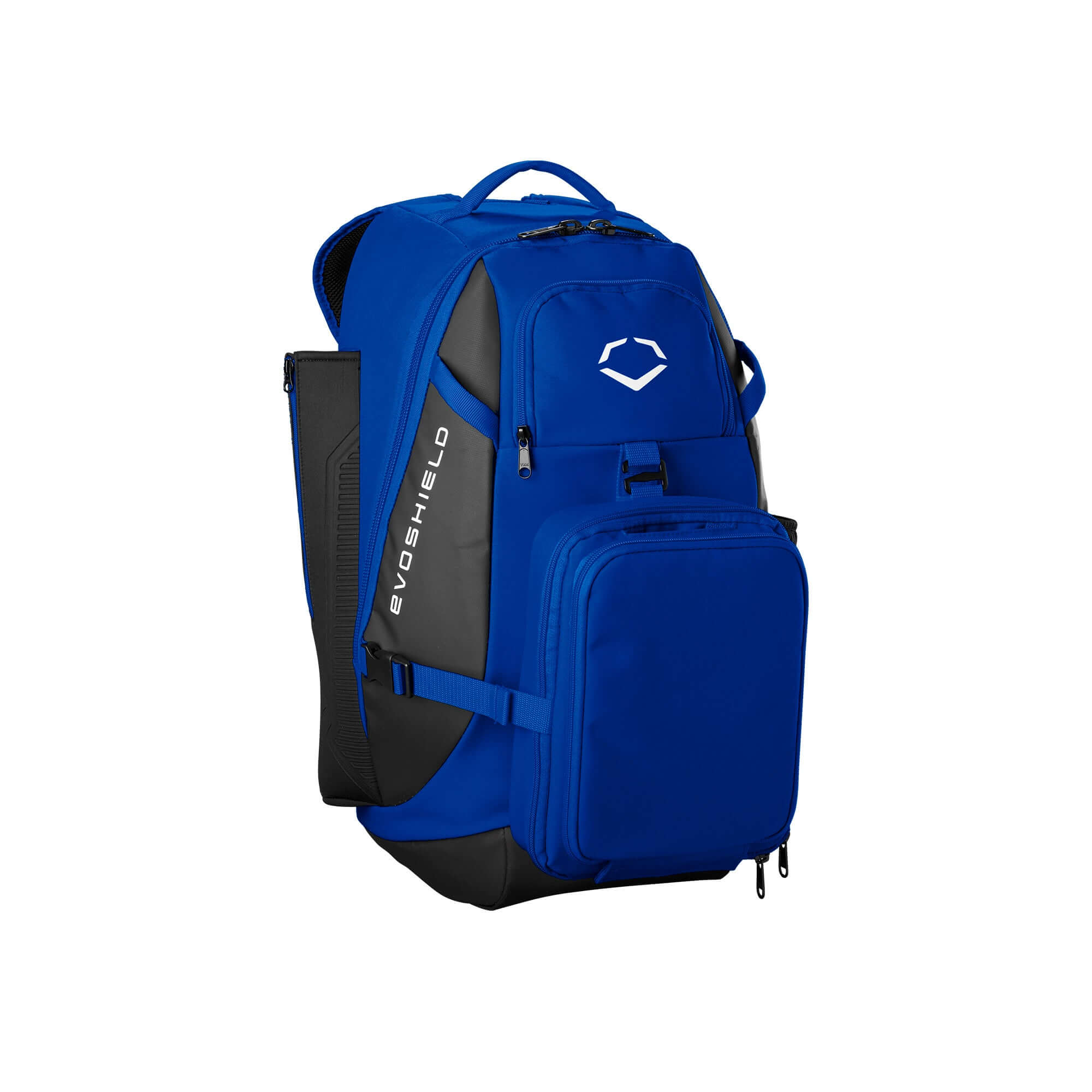 Evoshield Recruit Backpack in blue with large compartment and bat sleeves, perfect for athletes and gear organization.