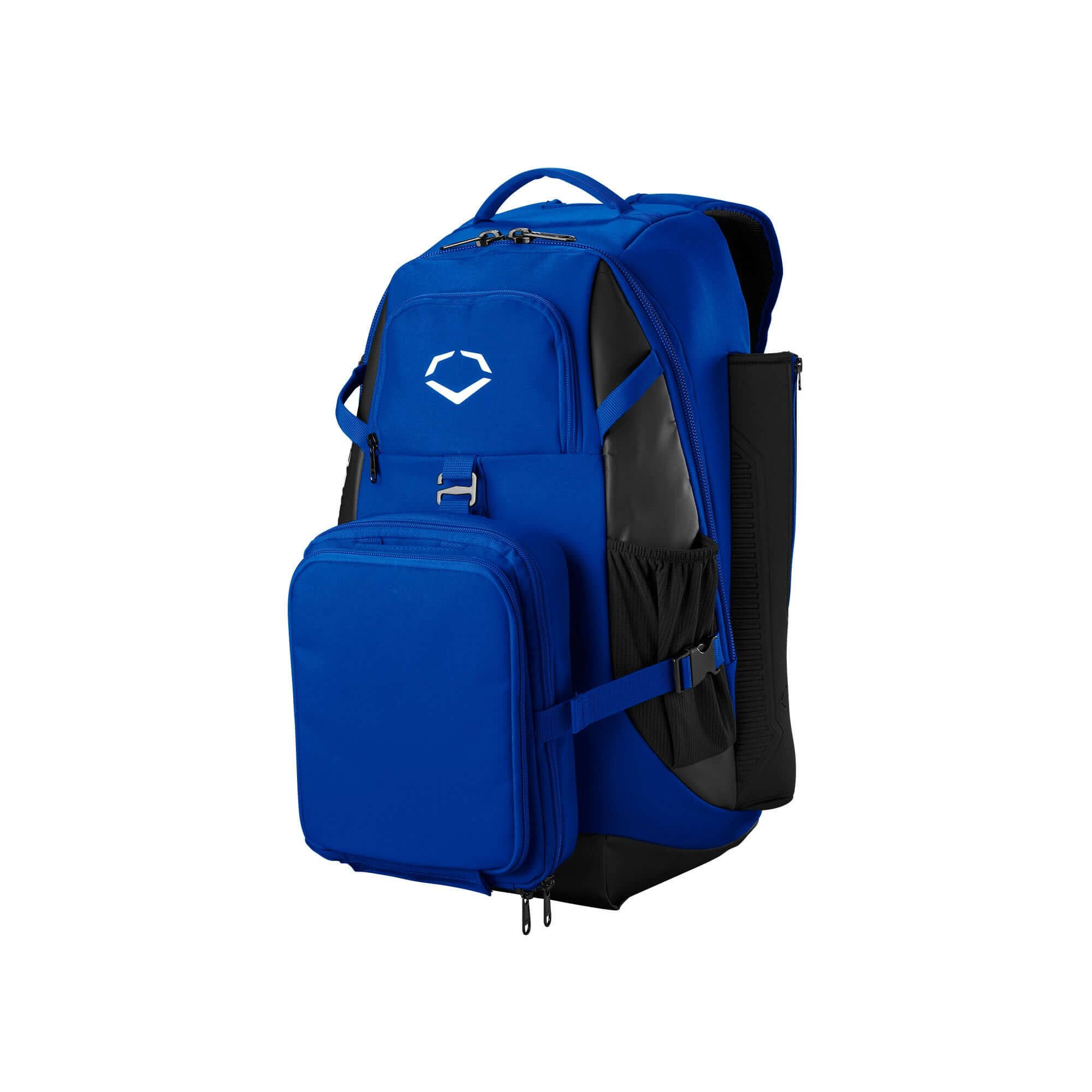 Evoshield Recruit Backpack in blue, featuring storage for helmets, gloves, and bats, with durable construction and water-resistant base.