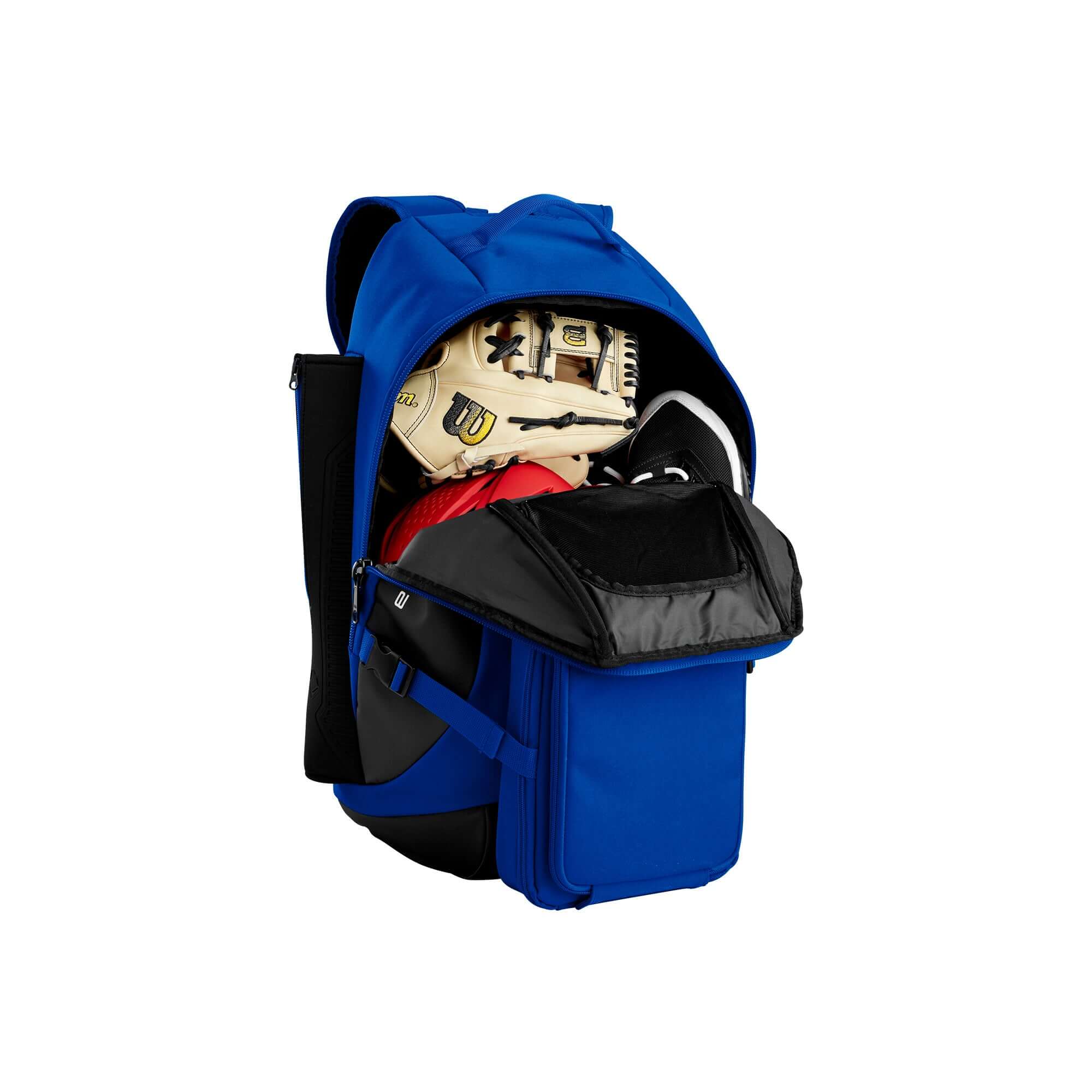 Evoshield Recruit Backpack in blue with helmet, glove, and gear visible inside, designed for sports practices and tournaments.