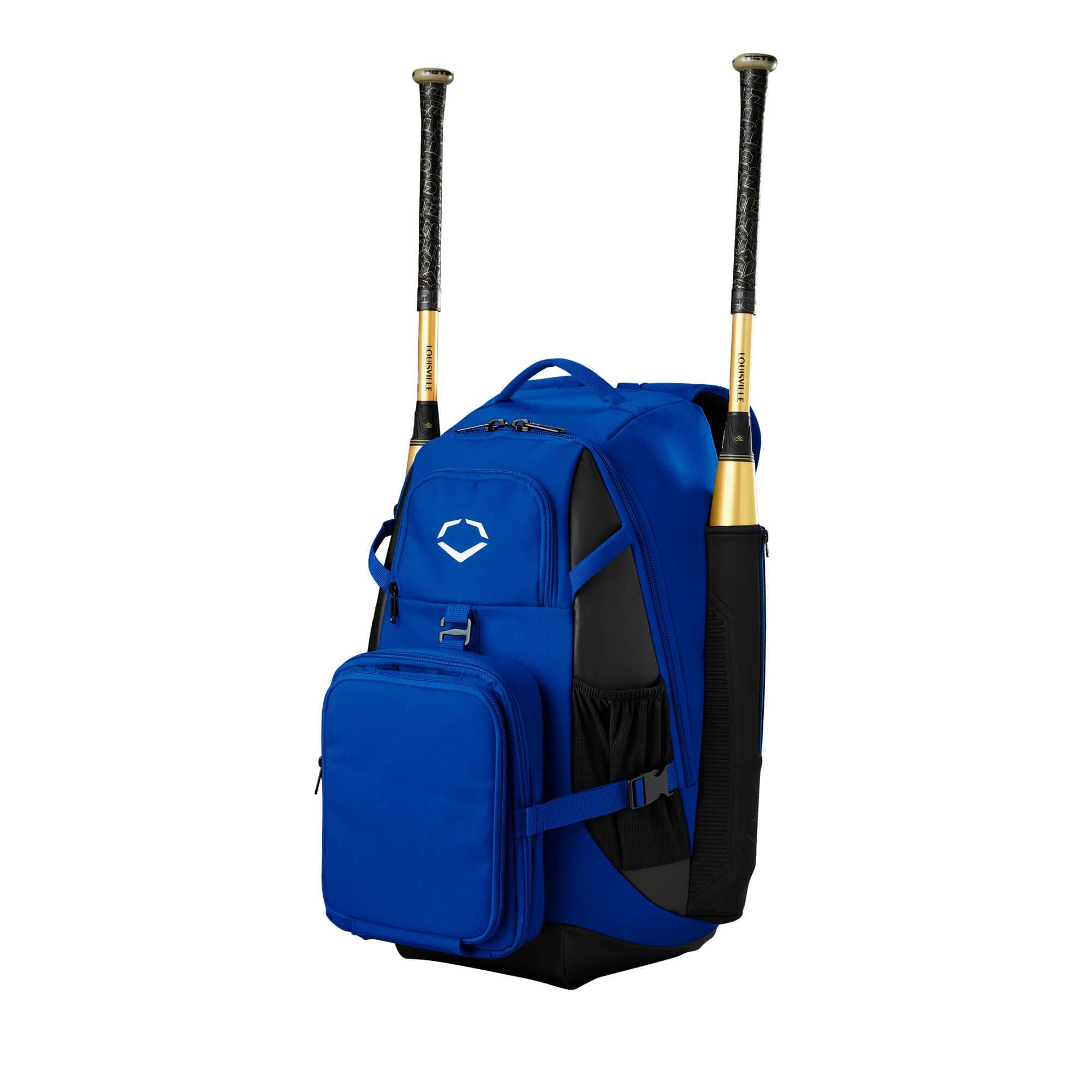 Evoshield Recruit Backpack in blue with two bat sleeves, spacious compartments for gear and fleece-lined pocket for valuables.