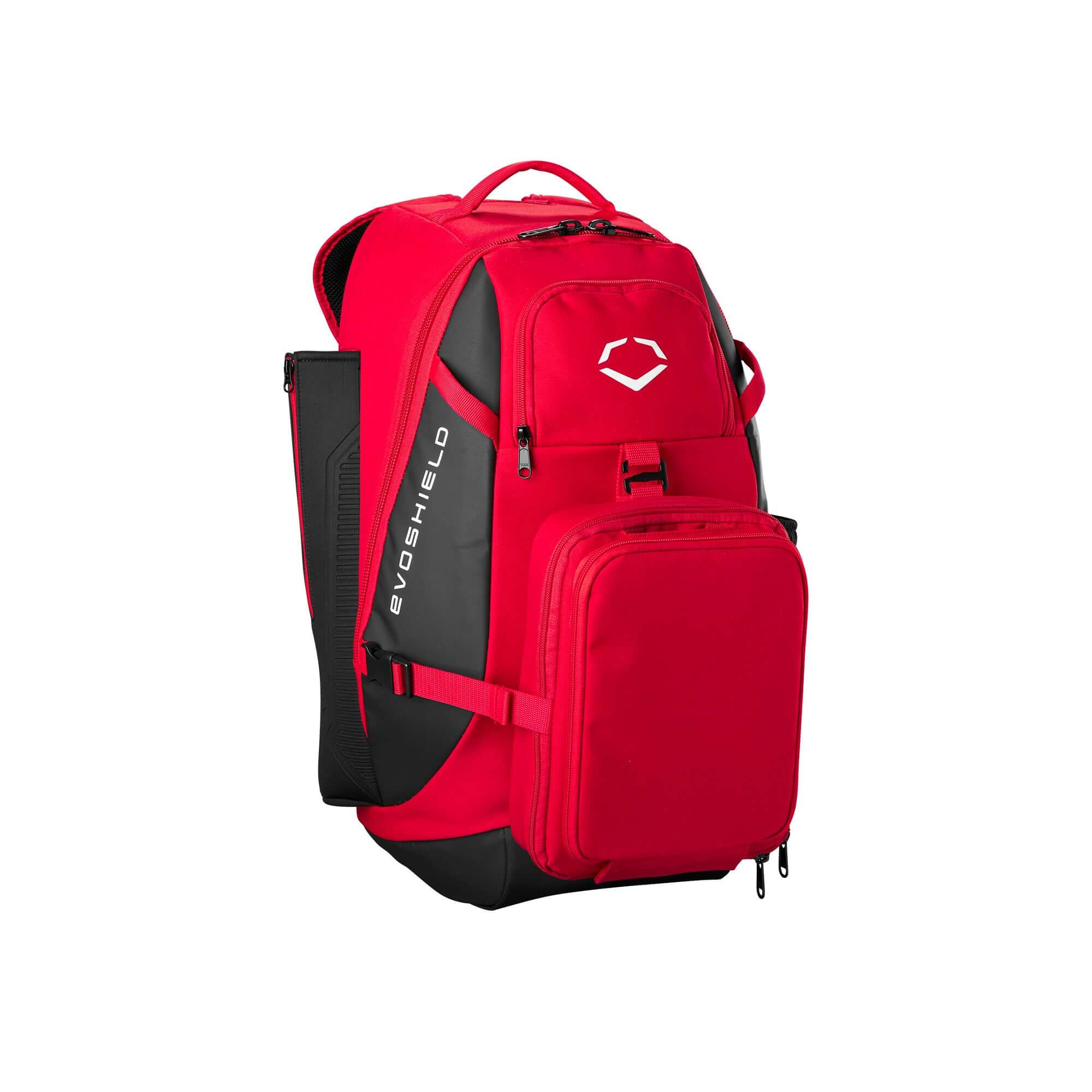Evoshield Recruit Backpack in red, featuring spacious compartments and neoprene bat sleeves for sports gear.