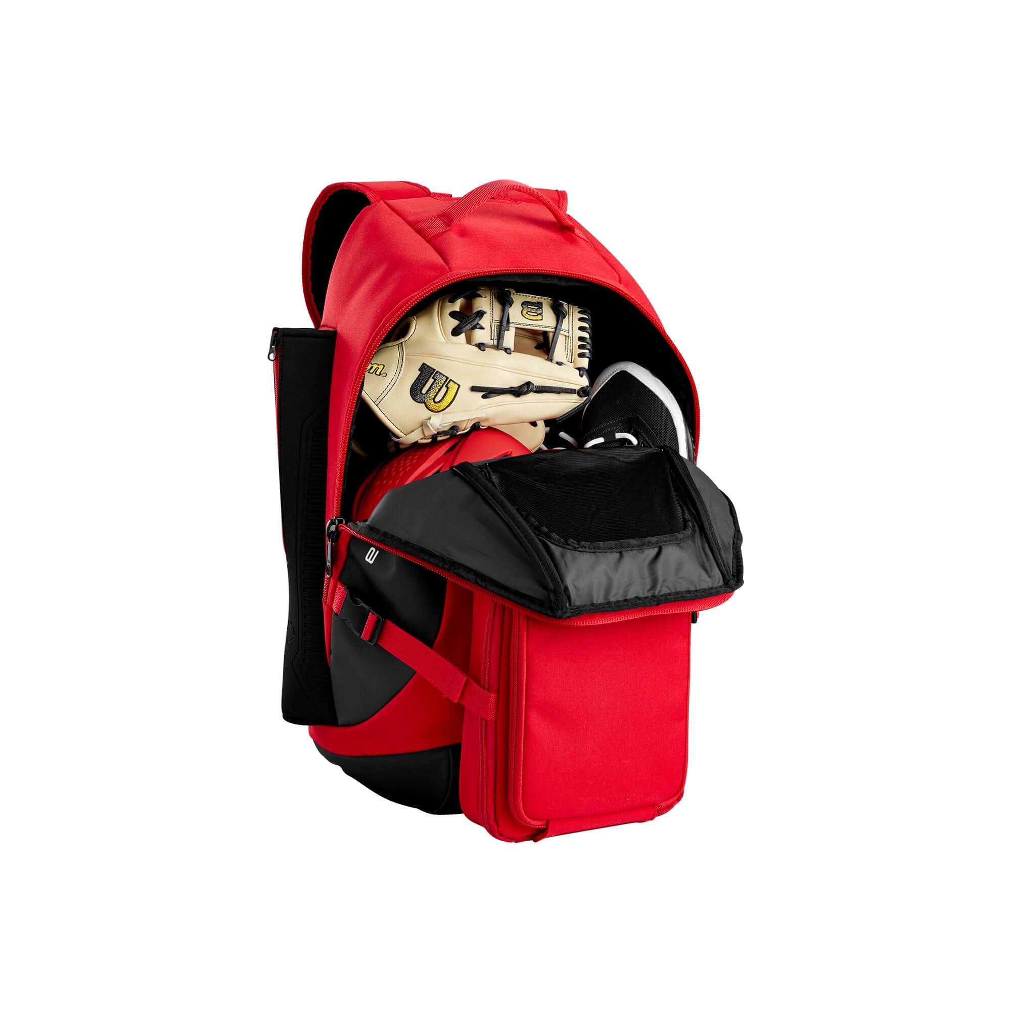 Evoshield Recruit Backpack in red with open main compartment showcasing fielding glove and gear, ideal for sports practices.