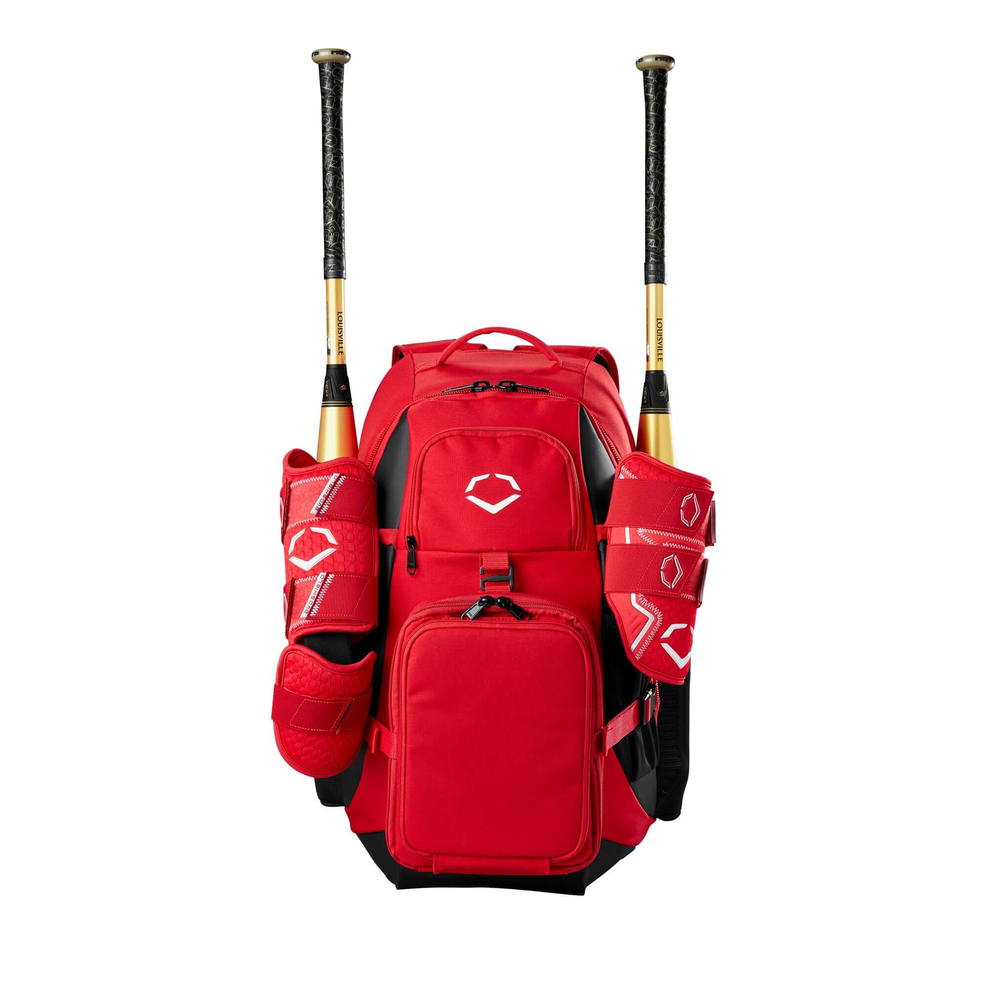 Evoshield Recruit Backpack in red with two bat sleeves, durable design for practice and tournament gear storage.