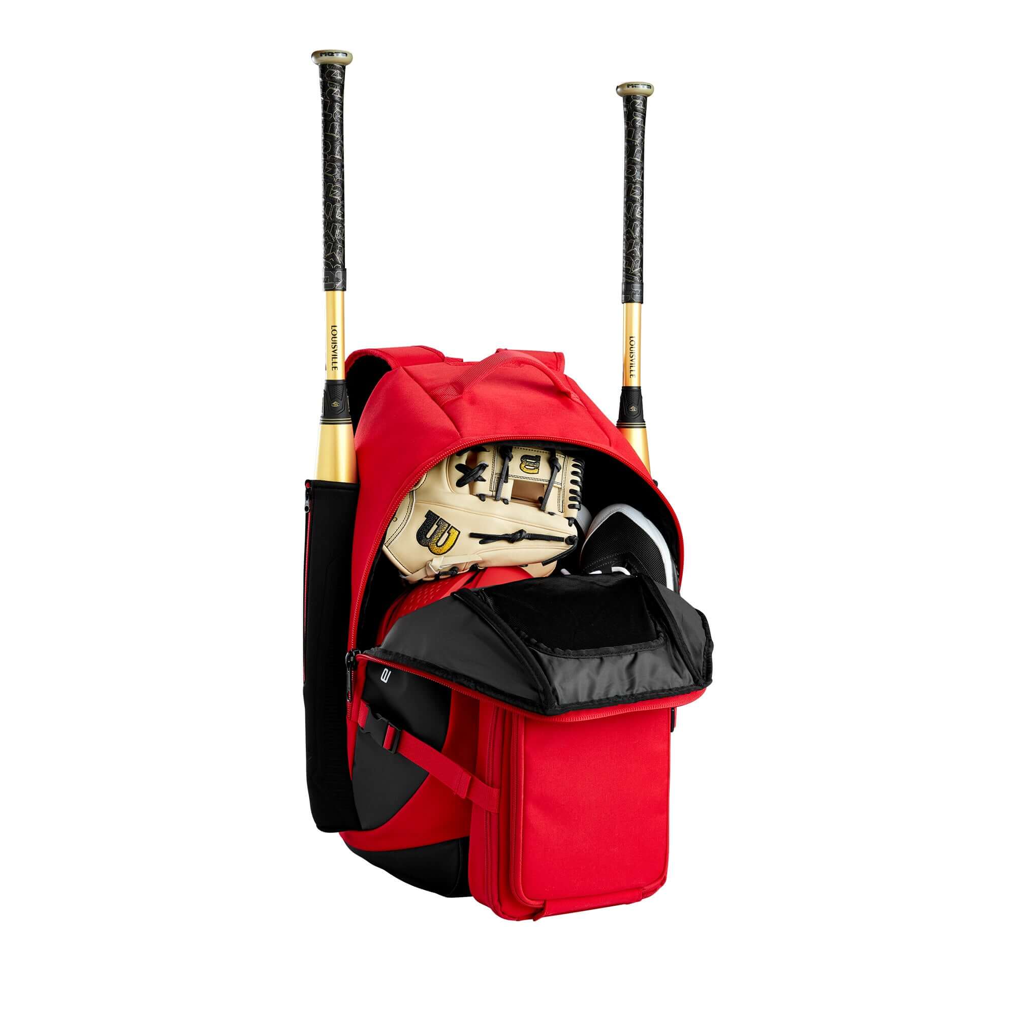 Evoshield Recruit Backpack in red, featuring bat sleeves, main compartment for gear, and fleece-lined pocket for valuables.