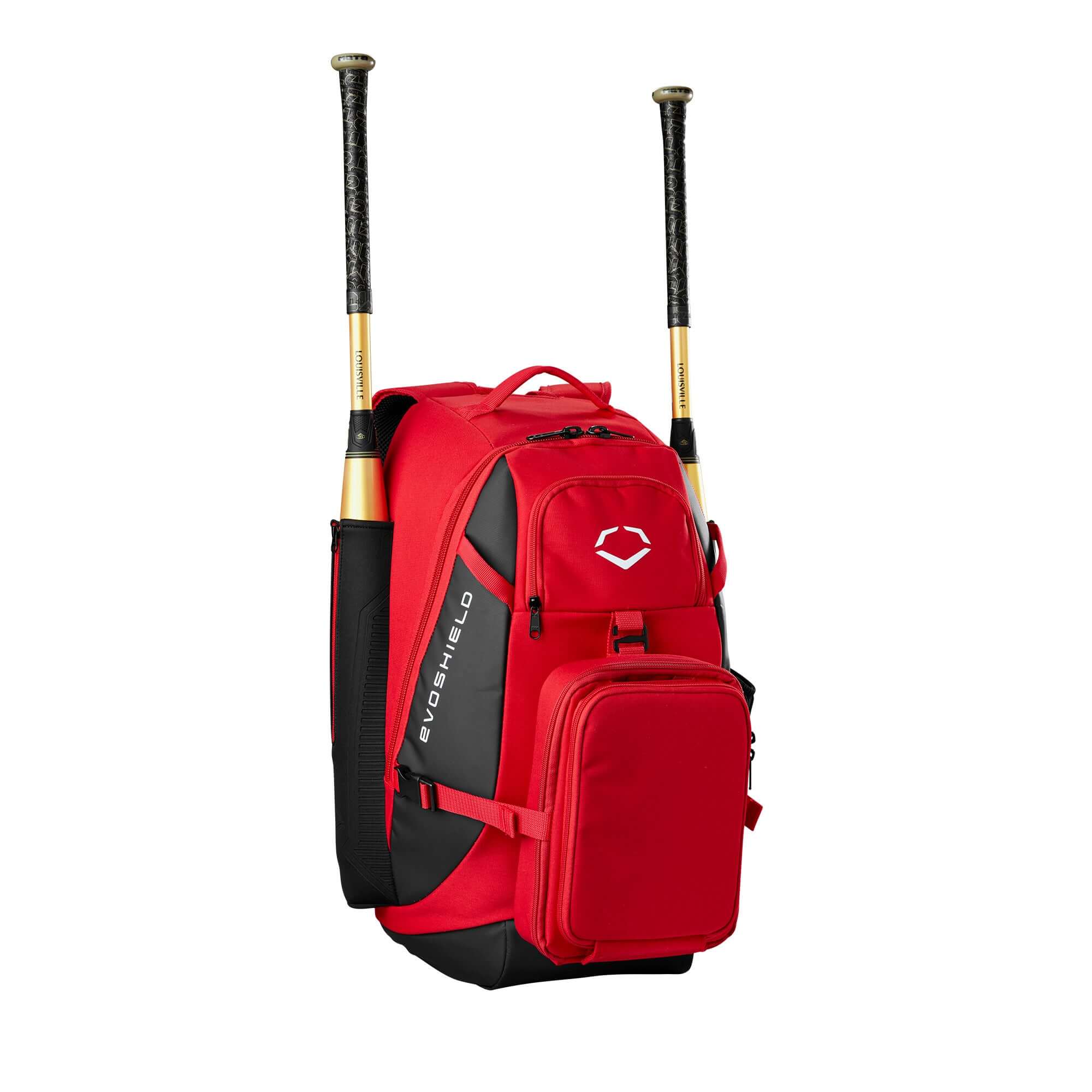 Evoshield Recruit Backpack in red with two bat sleeves, designed for athletes to carry gear and valuables securely.