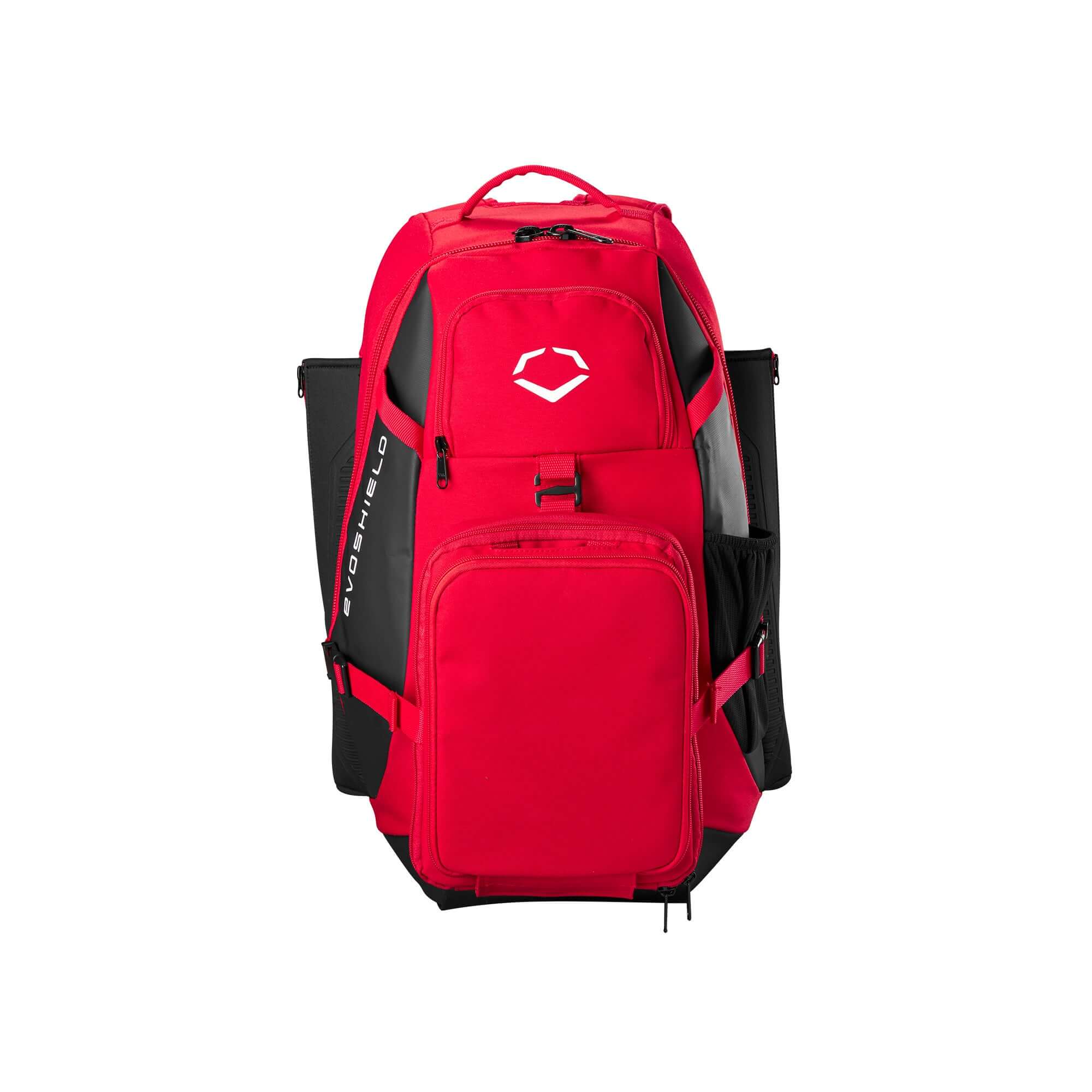 Evoshield Recruit Backpack in red, designed for athletes with compartments for gear, bats, and valuables. Durable and water-resistant.