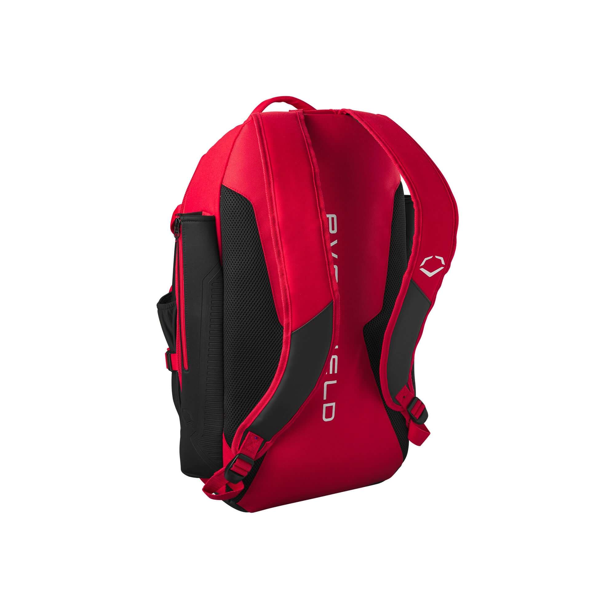 Evoshield Recruit Backpack in red, featuring ergonomic design and ample storage for baseball gear and accessories.