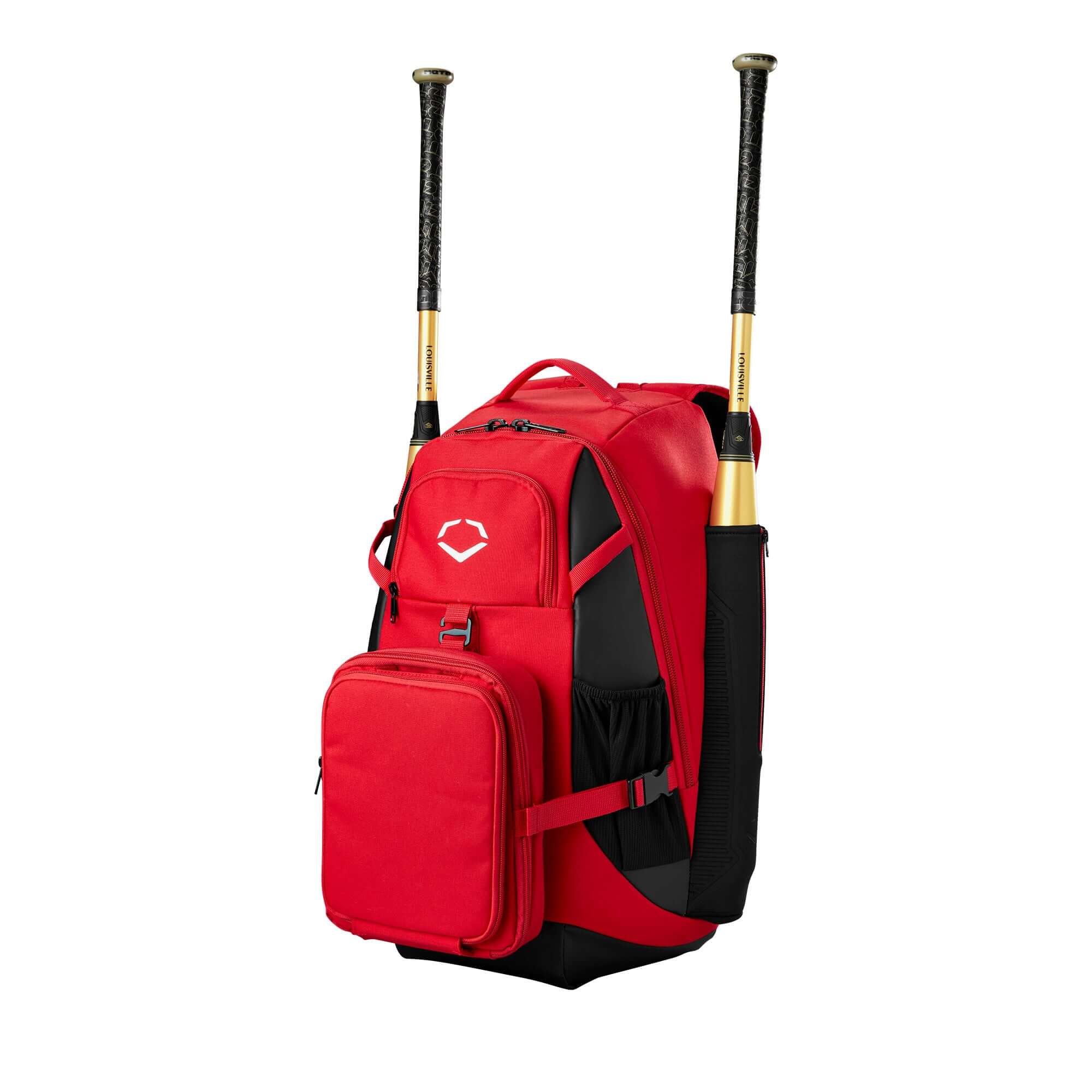 Evoshield Recruit Backpack in red with two bats, featuring a large compartment and fleece lined pocket for valuables.