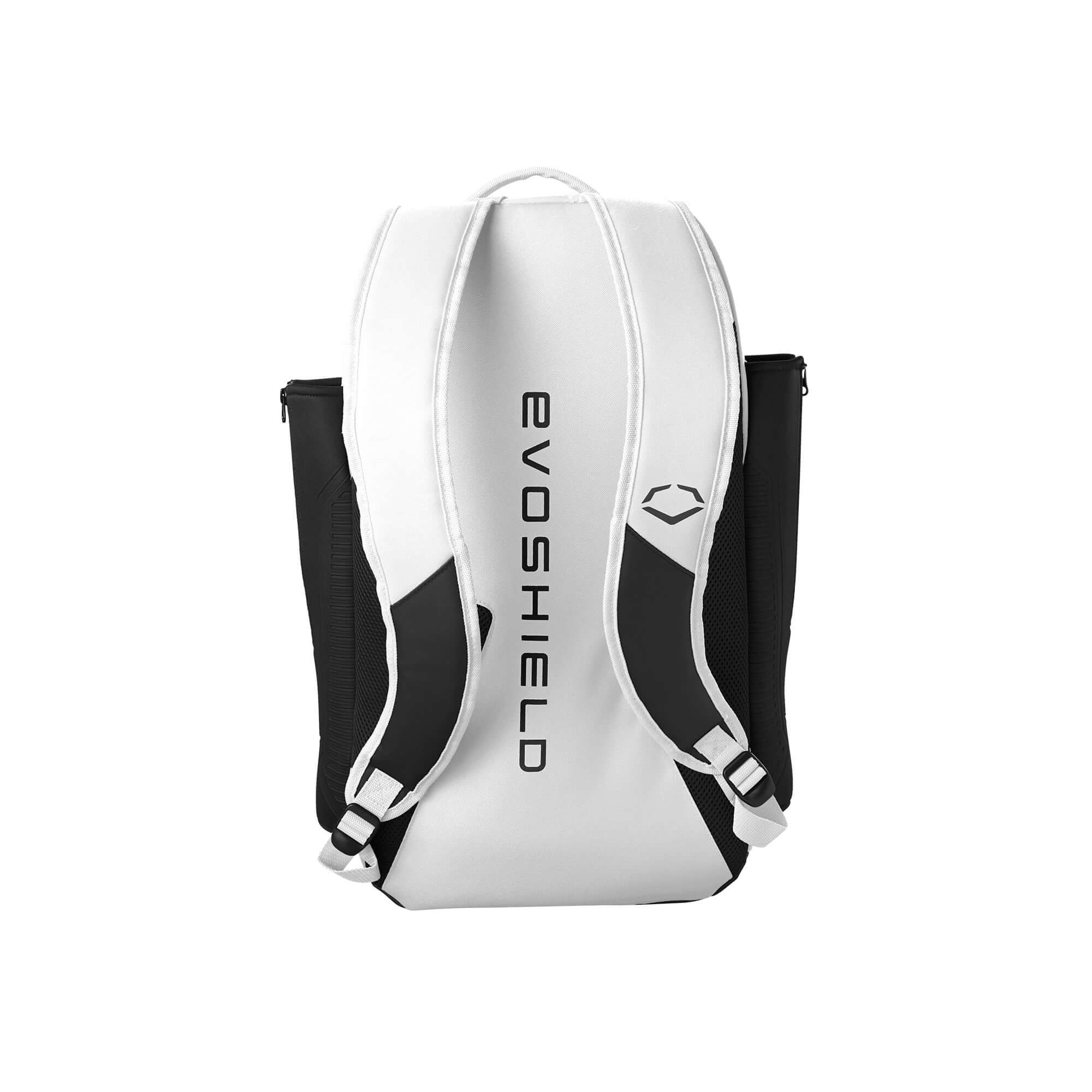 Evoshield Recruit Backpack with adjustable straps, durable nylon, and two neoprene bat sleeves for players.