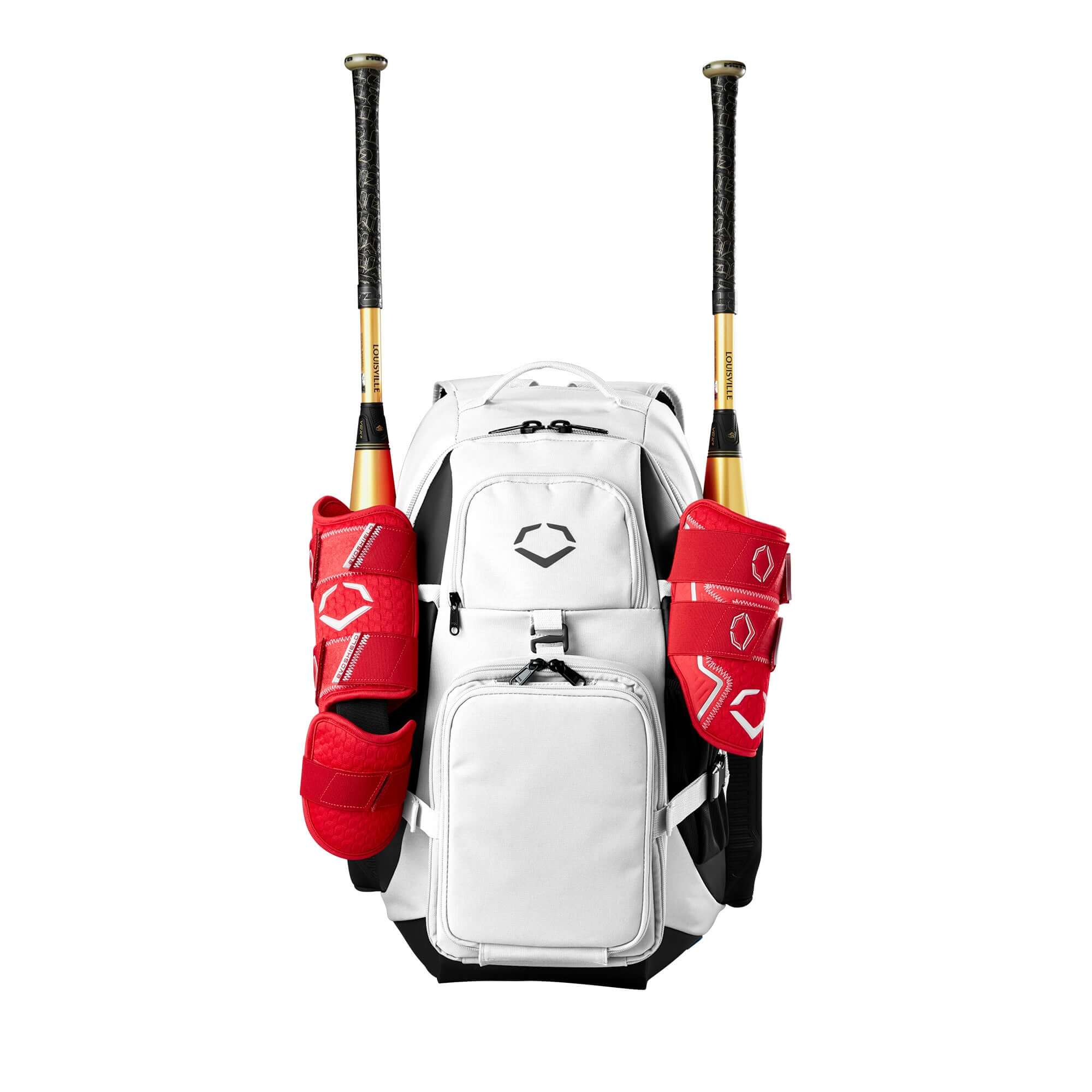 Evoshield Recruit Backpack with neoprene bat sleeves, durable nylon, and fleece-lined pocket for valuables.